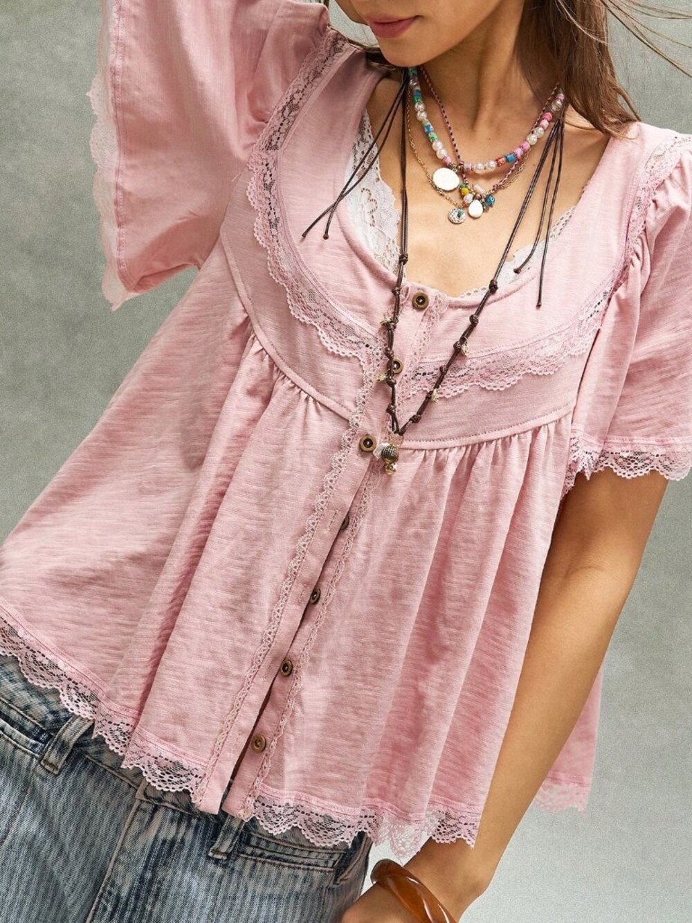 Pink Casual Women's Colorblock Puff Sleeve Scoop Neck T-Shirt